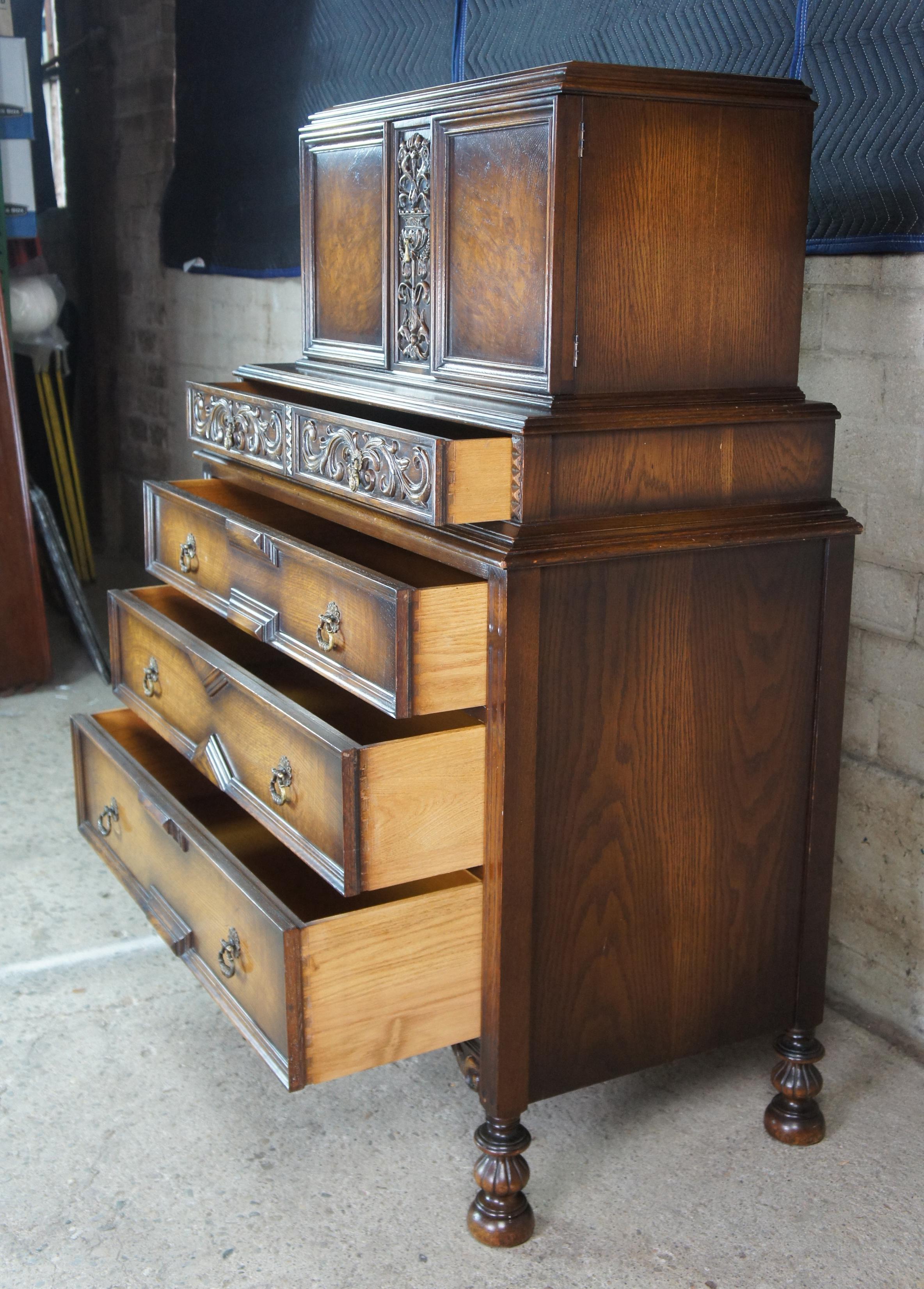 American Furniture Company Gothic Revival Oak Tallboy Dresser Chest of Drawers In Good Condition For Sale In Dayton, OH