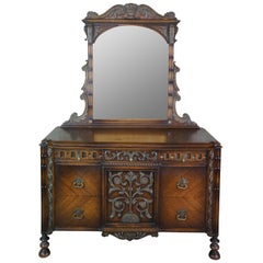 American Furniture Gothic Revival Oak Mirrored Vanity Dresser Chest of Drawers 7