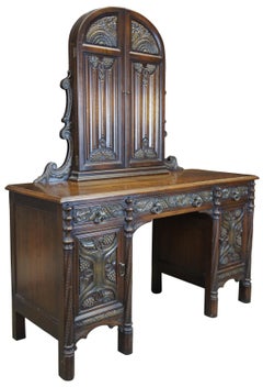 American Furniture Gothic Revival Walnut Burl Vanity Desk Mirror Dressing Table