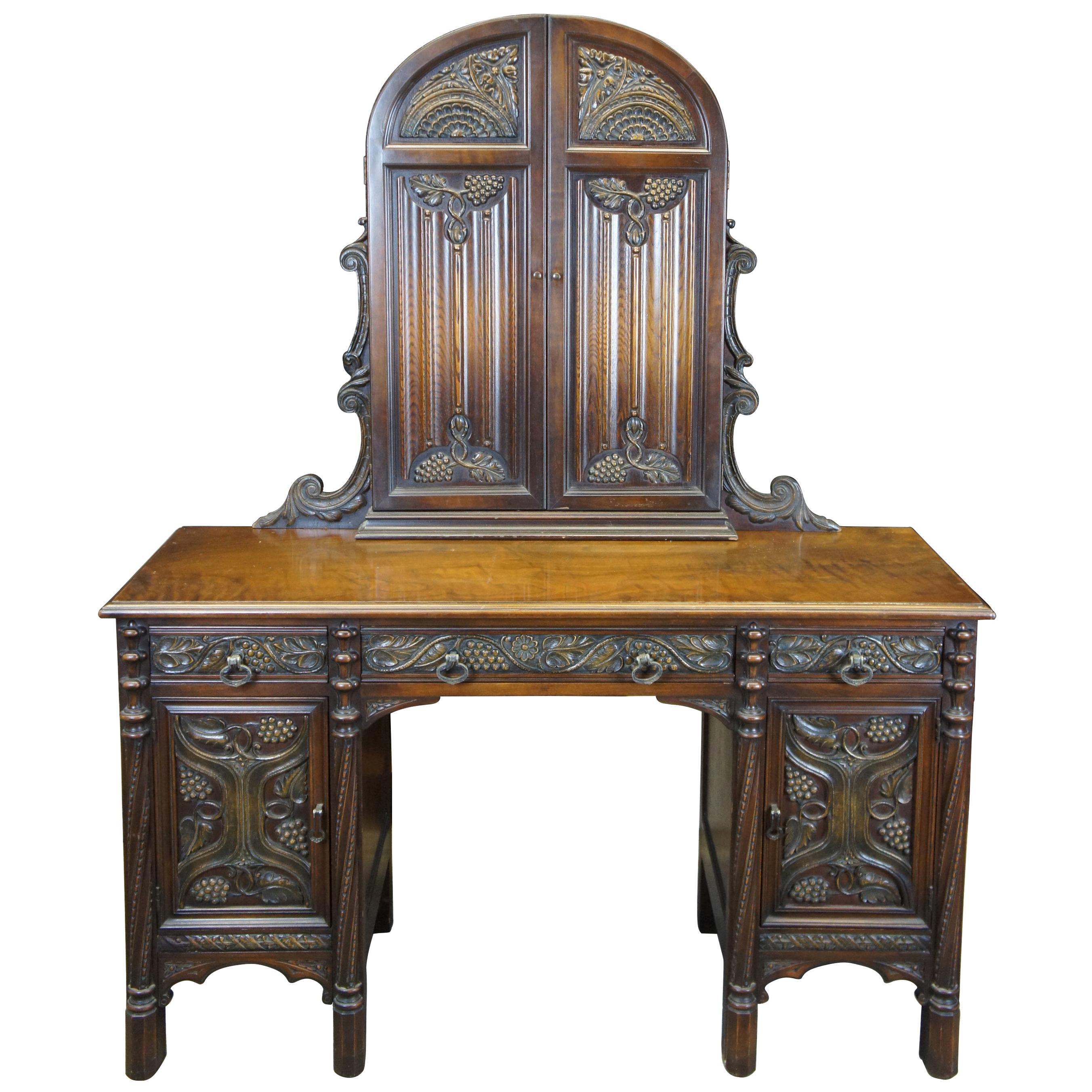 American Furniture Gothic Revival Walnut Burl Vanity Desk Mirror Dressing Table