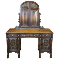 Meuble américain Gothic Revival Walnut Burl Vanity Desk Mirror Dressing Table