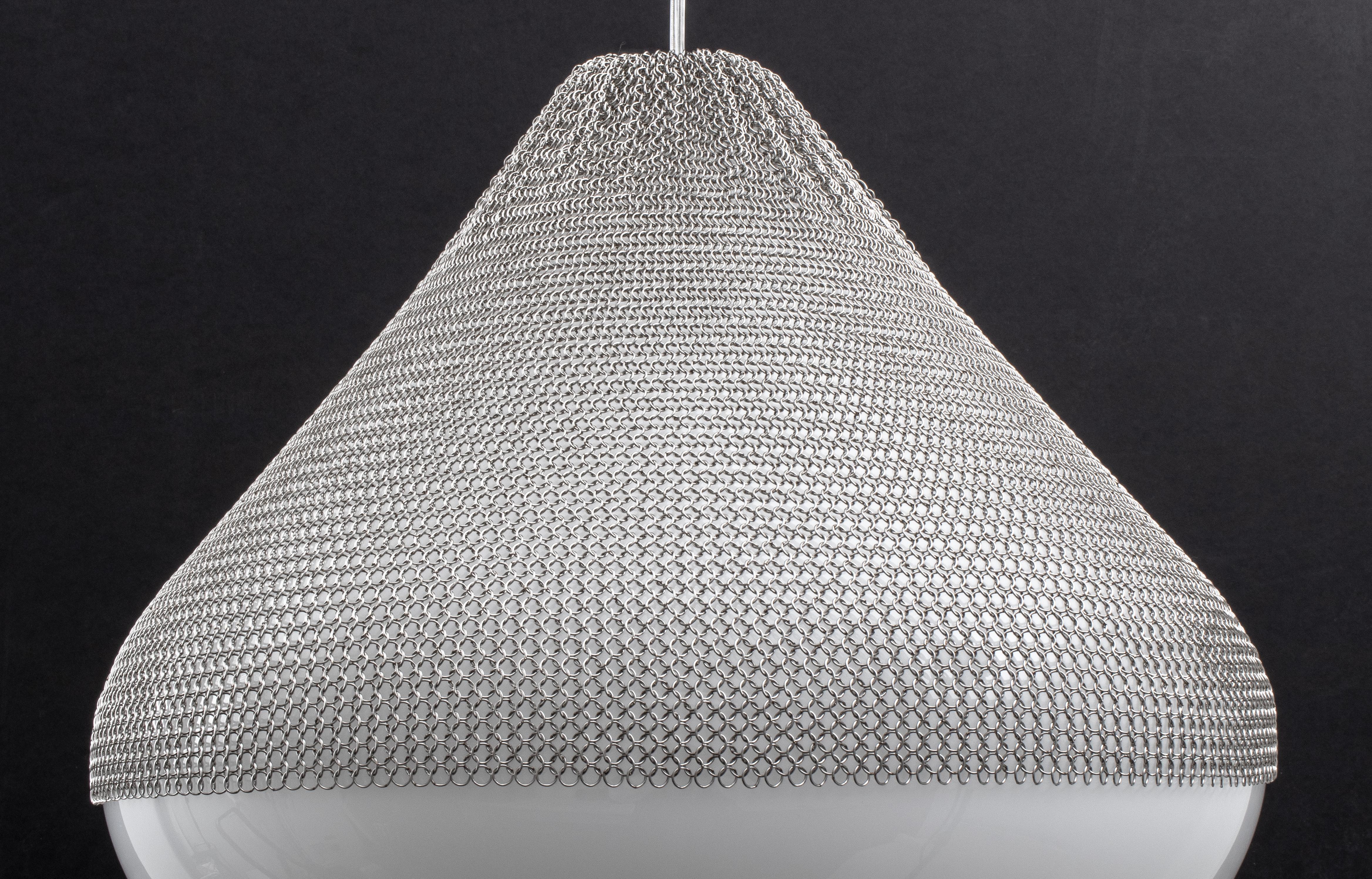 Pair of American Modern Futurist chain mail and glass large pendant light fixtures, unmarked. Light fixture: 17