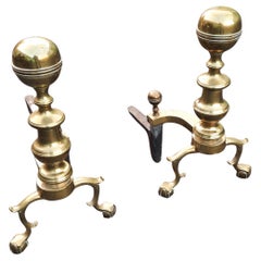 American Georgian Style Brass Andirons with Ball & Claw Feet, C. 1840s