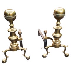 American Georgian Style Brass Andirons with Ball & Claw Feet, C. 1840s