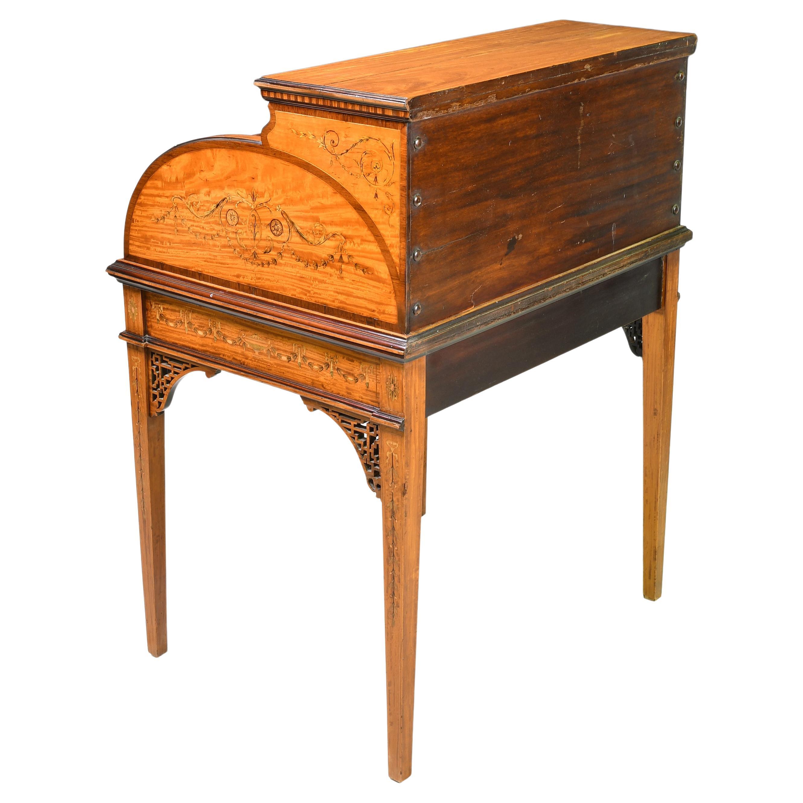 Leather American Gilded Age Hepplewhite-Style Writing Desk in Satinwood w/ Marquetry For Sale