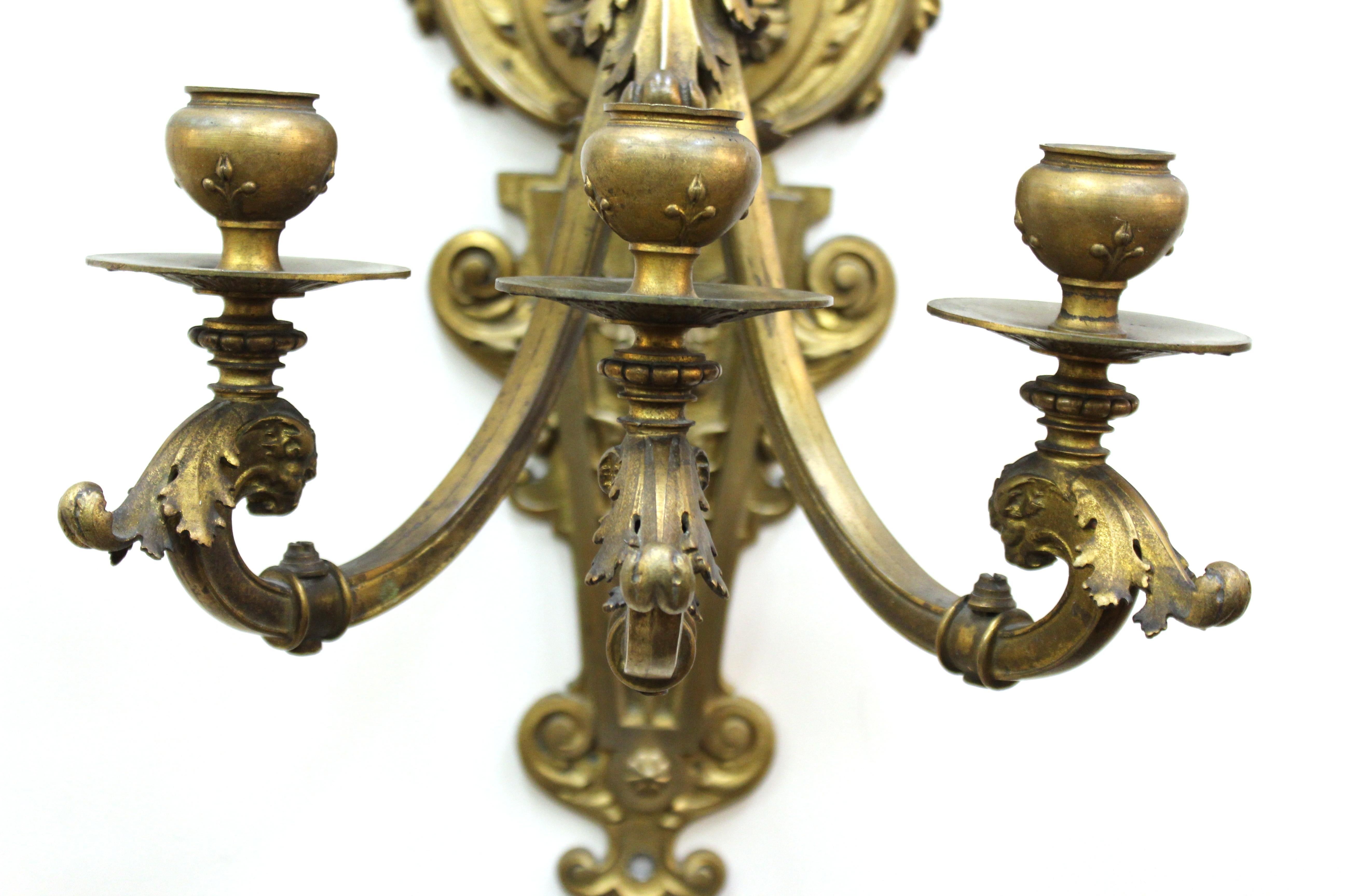 Late 19th Century American Gilded Age Neoclassical Style Candelabra Sconces in Gilt Bronze