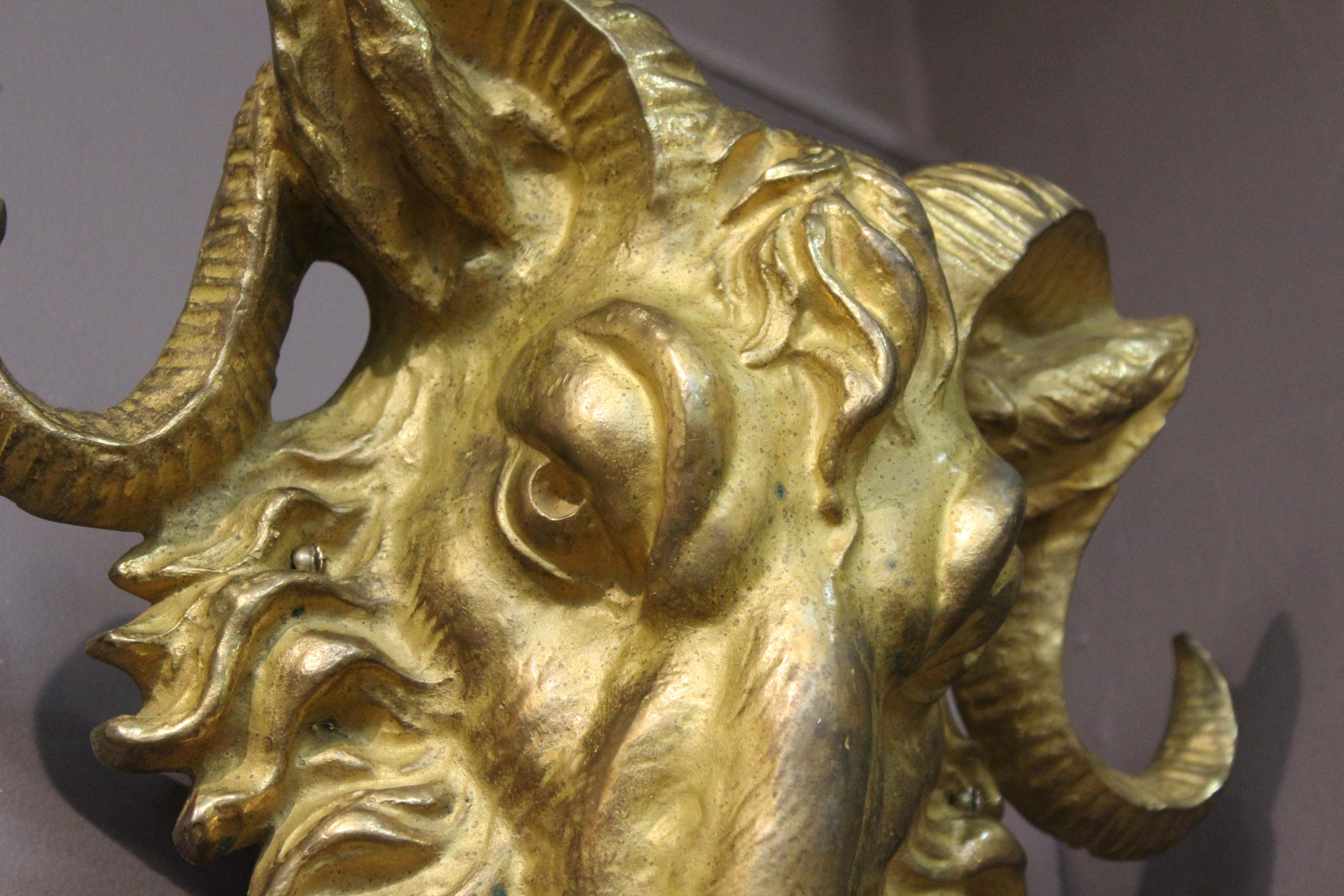 American Gilded Age Rams Head Sconces in Gilt Bronze 5