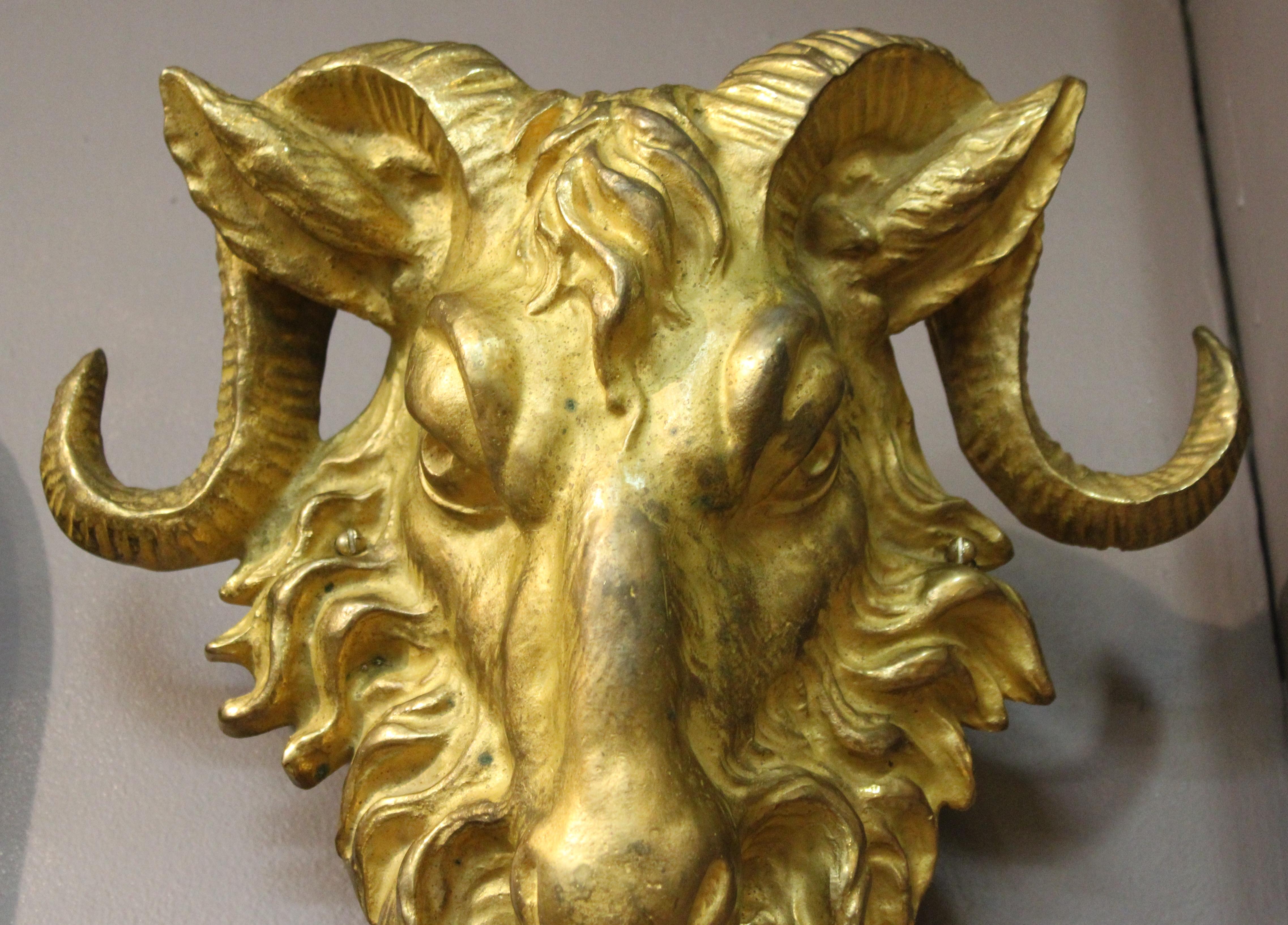 American Gilded Age Rams Head Sconces in Gilt Bronze In Good Condition In New York, NY