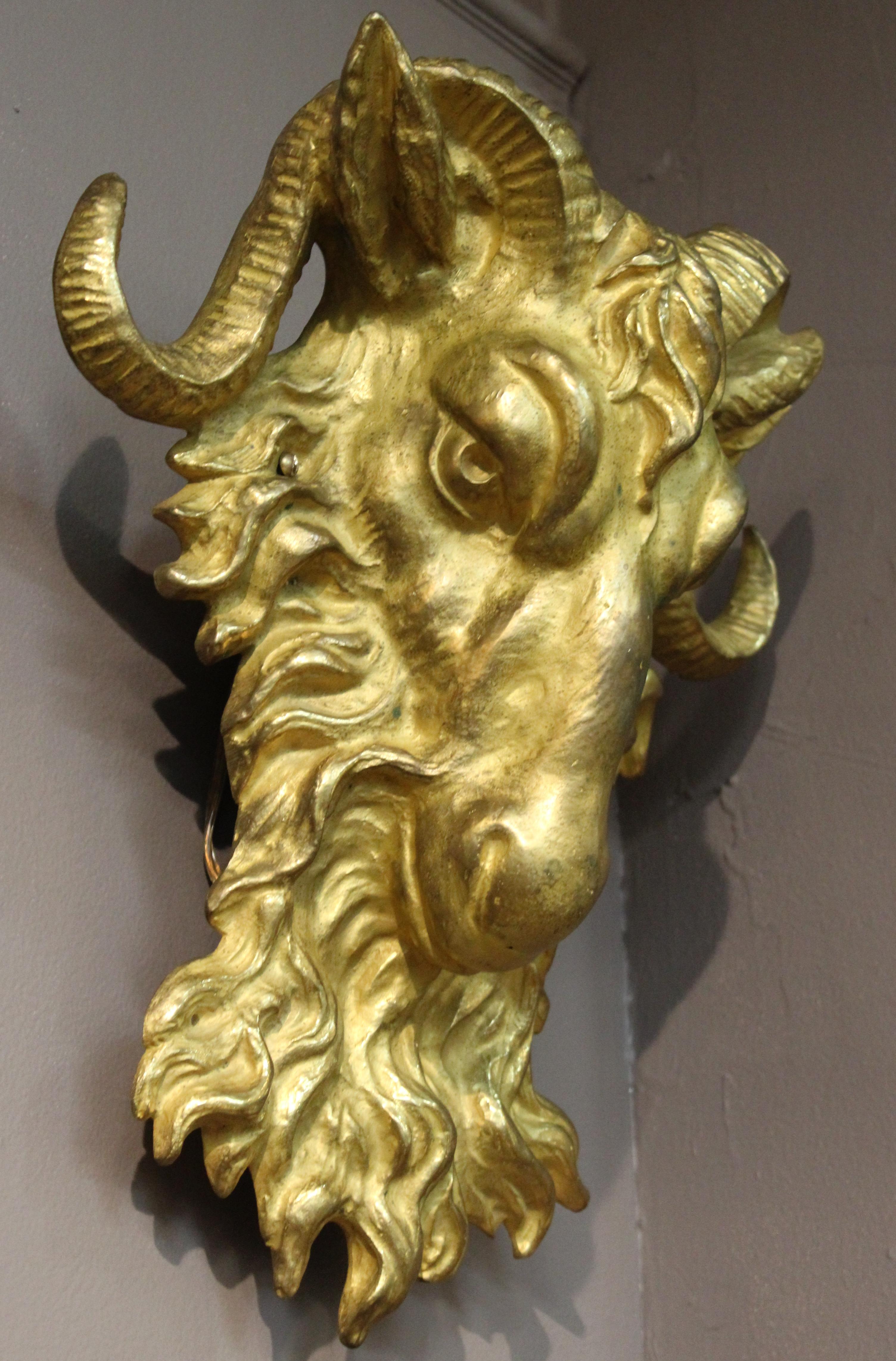 Late 19th Century American Gilded Age Rams Head Sconces in Gilt Bronze