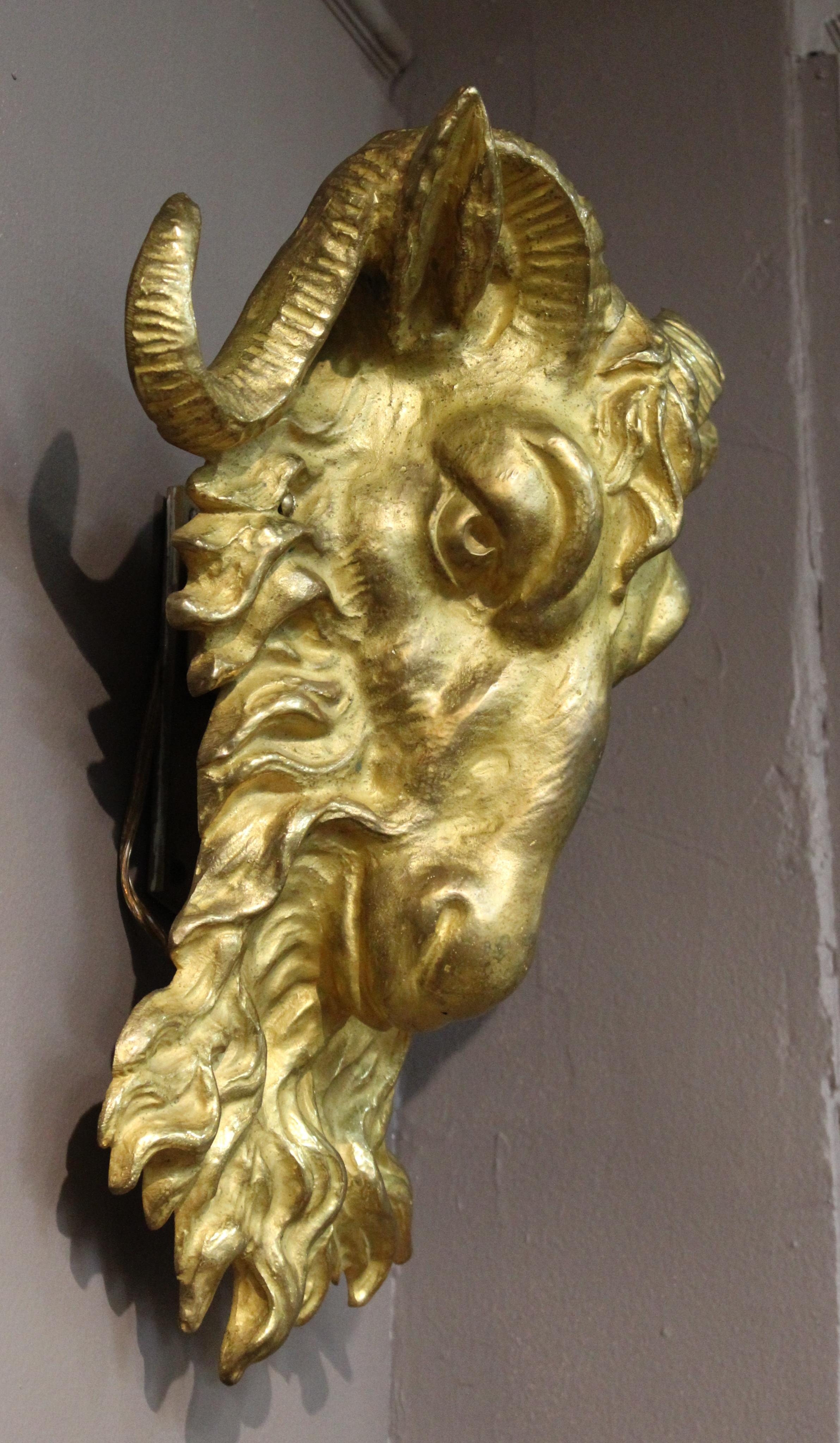 American Gilded Age Rams Head Sconces in Gilt Bronze 1