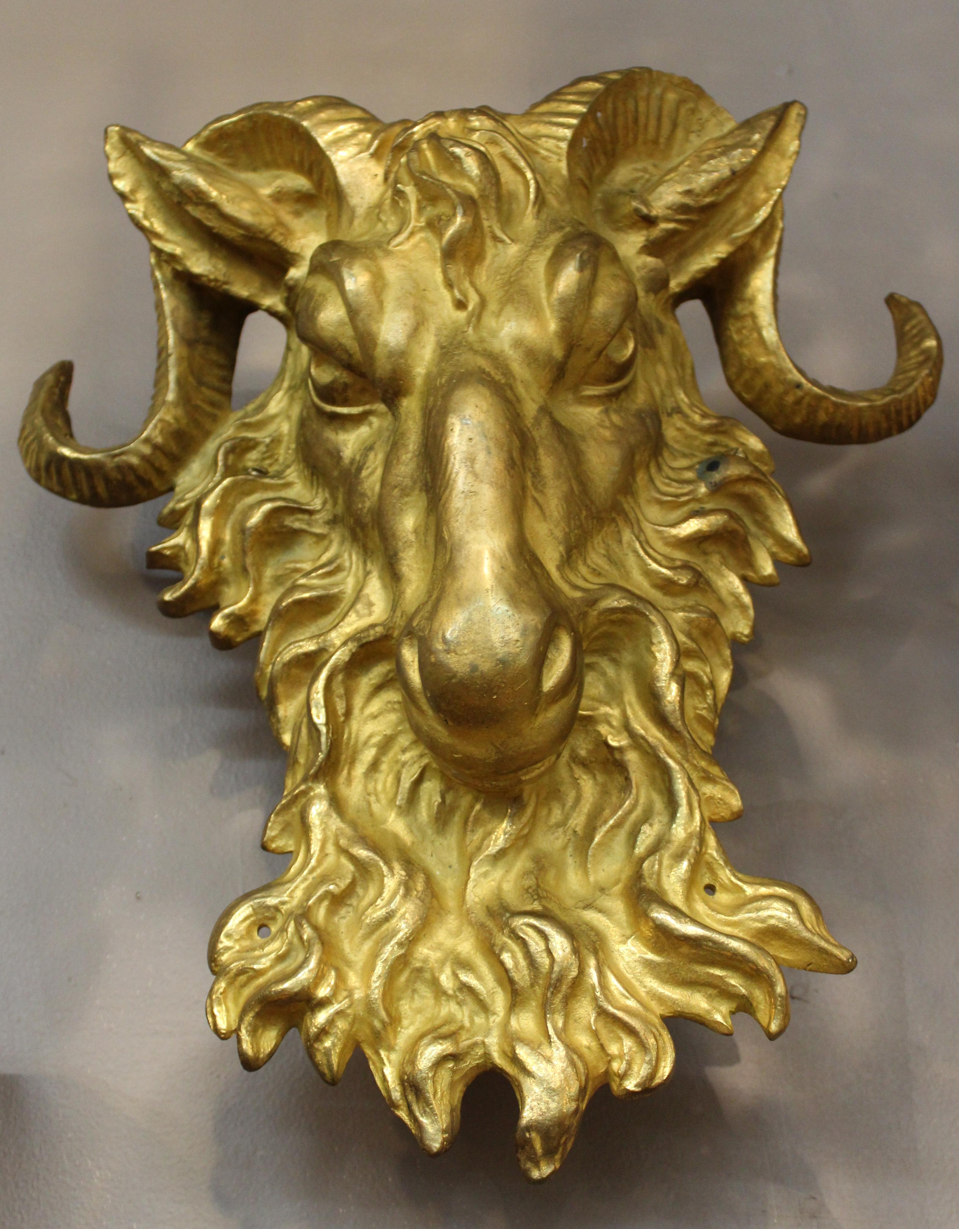 American Gilded Age Rams Head Sconces in Gilt Bronze 2