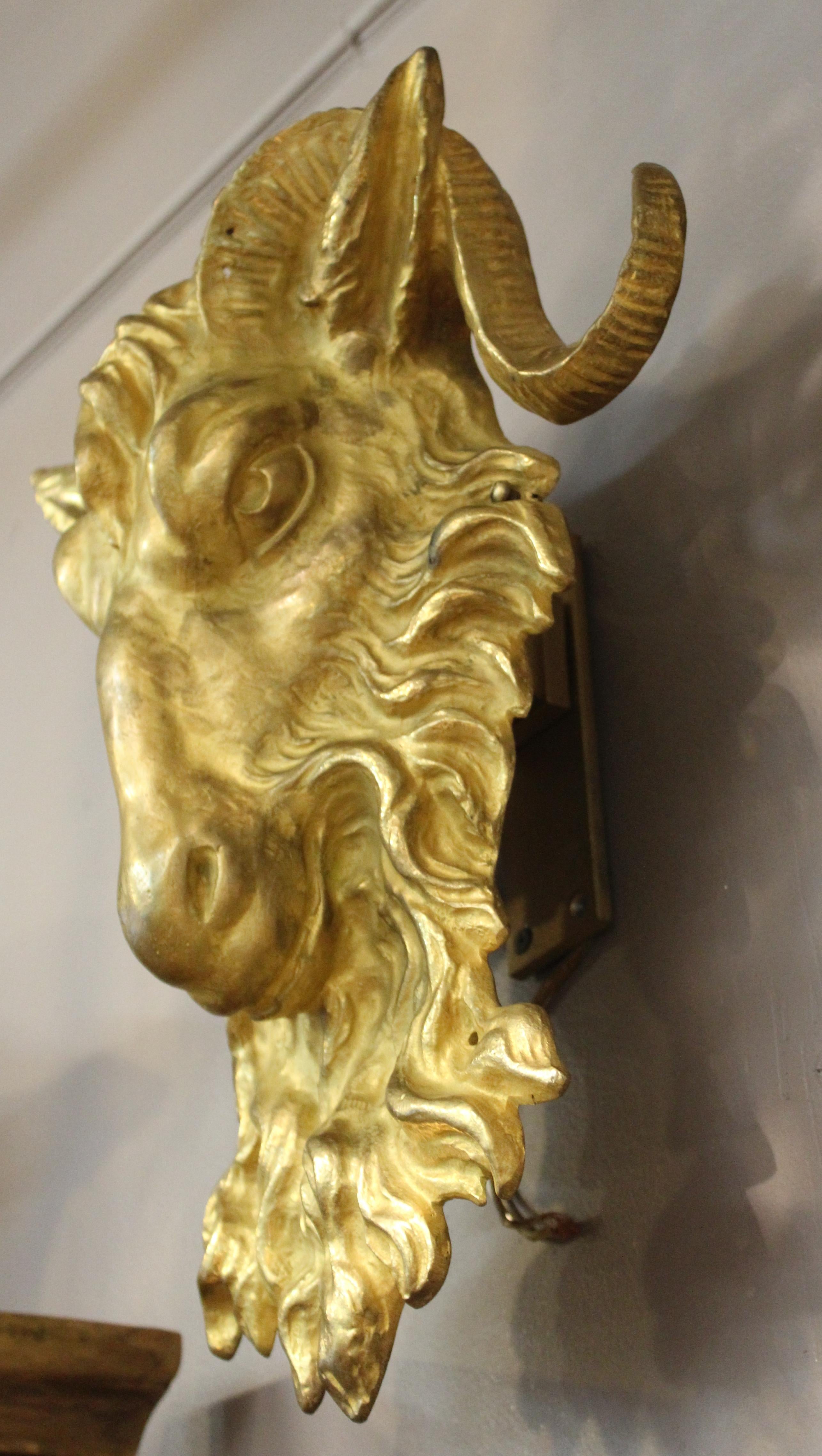 American Gilded Age Rams Head Sconces in Gilt Bronze 3