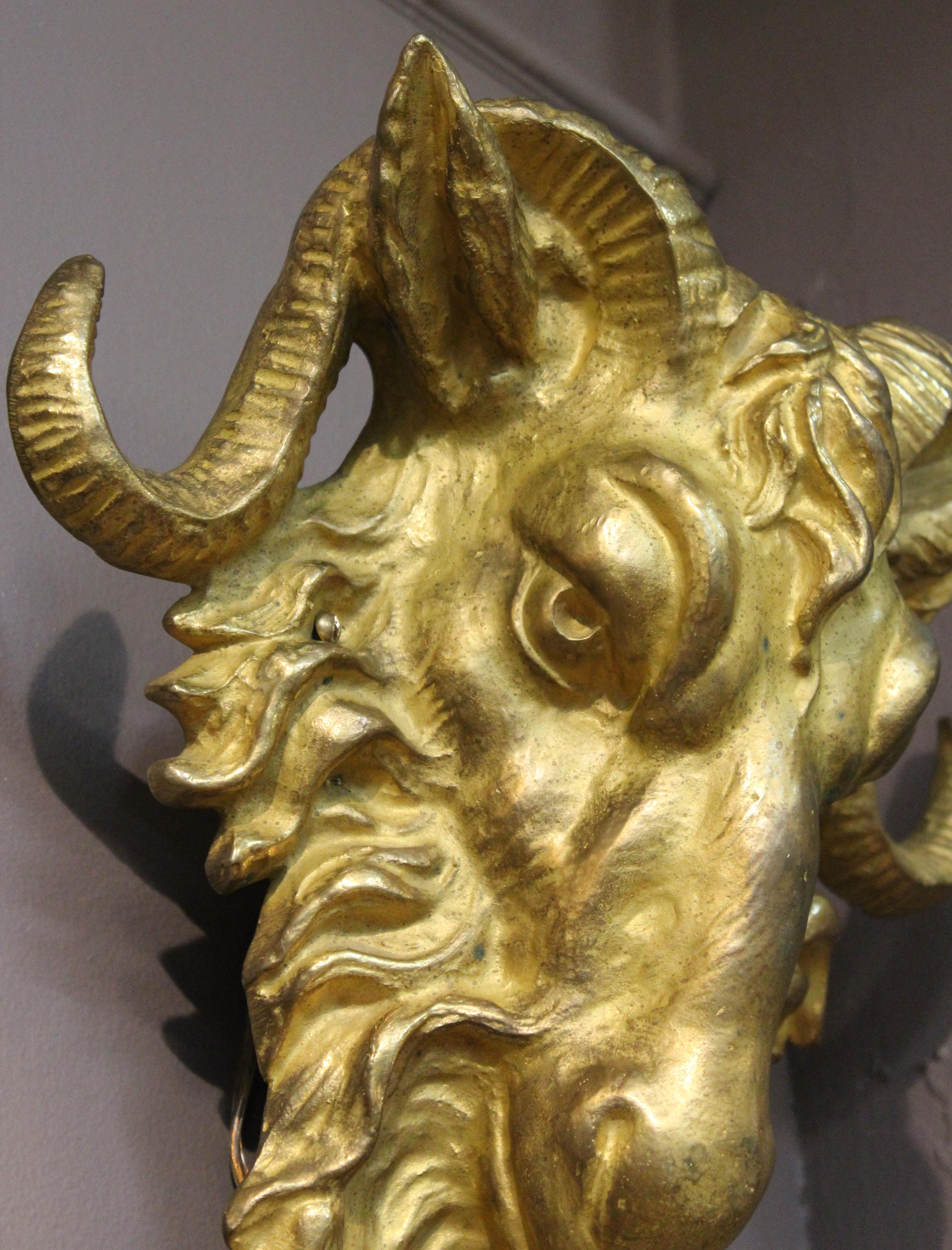 American Gilded Age Rams Head Sconces in Gilt Bronze 4
