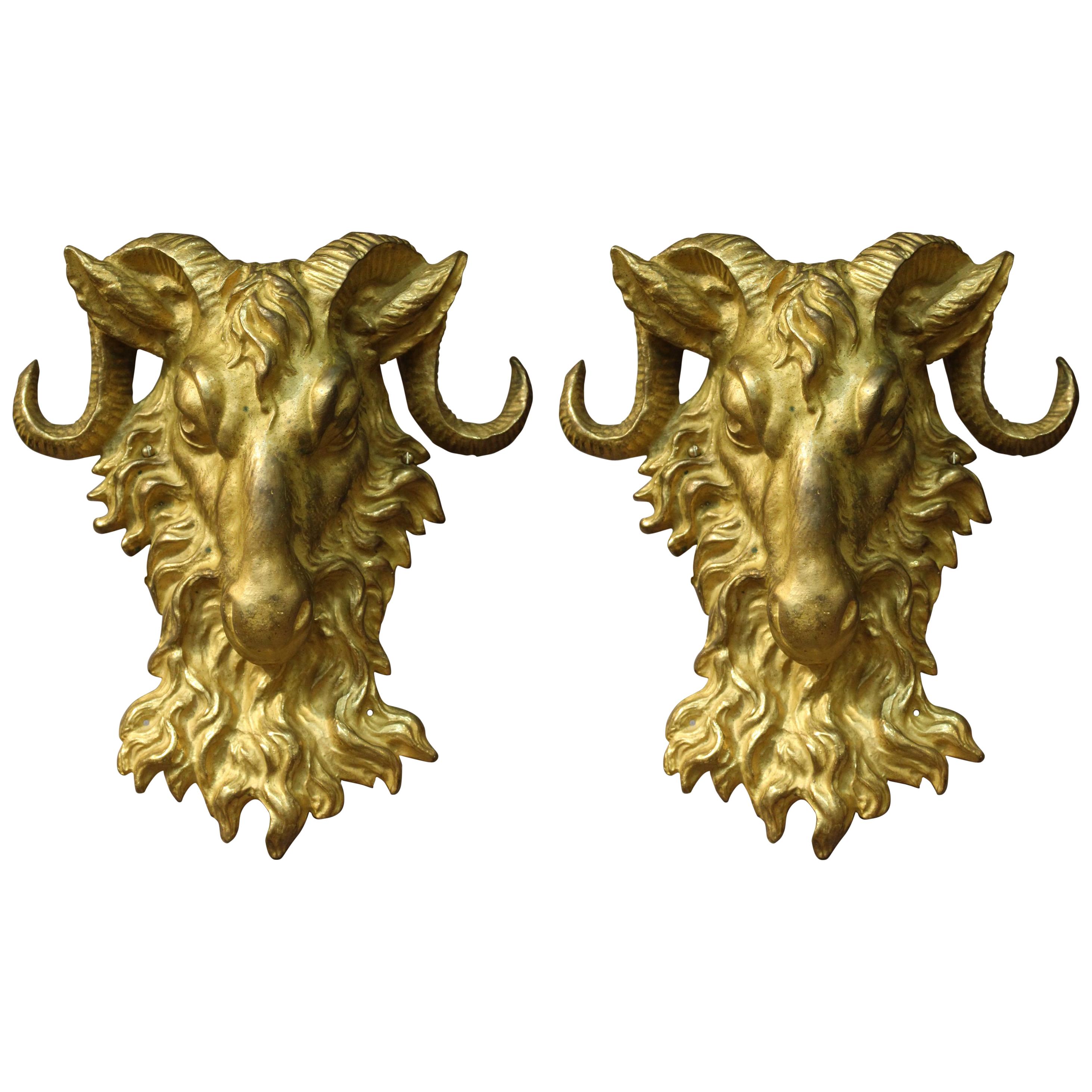American Gilded Age Rams Head Sconces in Gilt Bronze