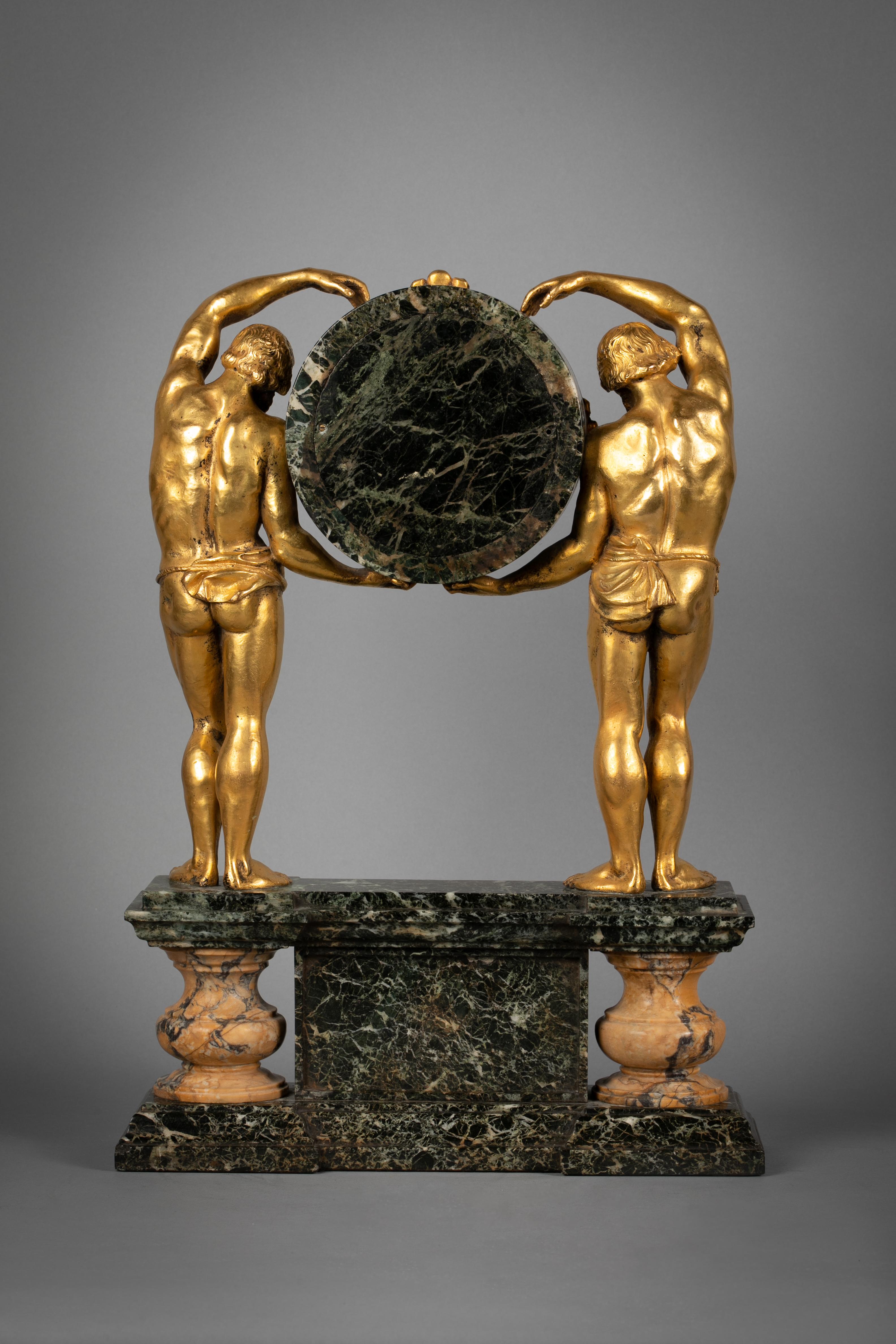 American Gilt Bronze and Marble Figural Clock, E.F. Caldwell, circa 1900 In Good Condition For Sale In New York, NY