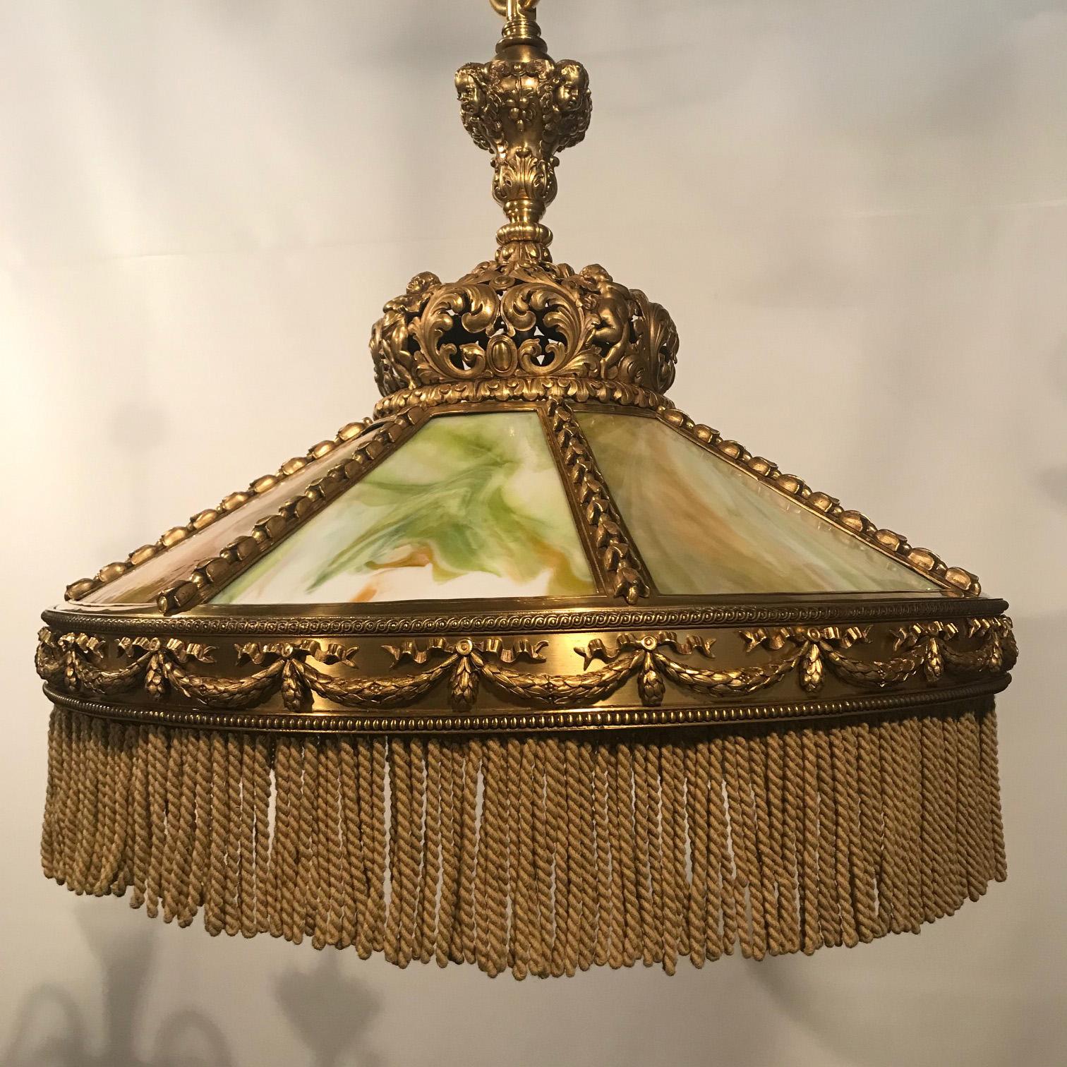 American Gilt Bronze and Slag Glass Hanging Fixture. For Sale 5