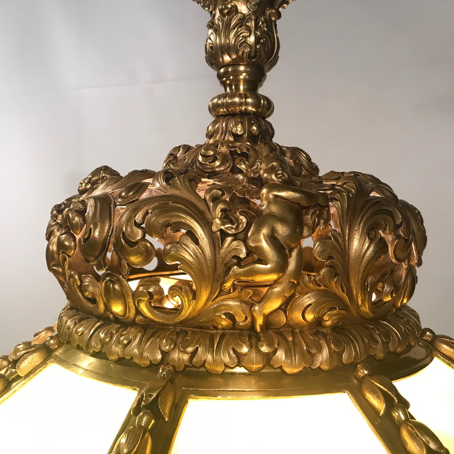 20th Century American Gilt Bronze and Slag Glass Hanging Fixture. For Sale