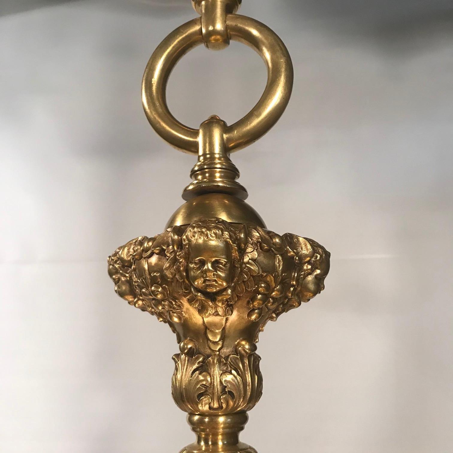 American Gilt Bronze and Slag Glass Hanging Fixture. For Sale 1