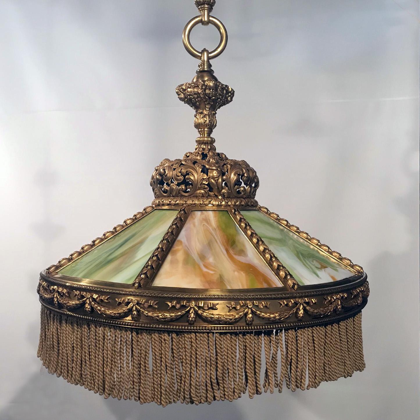 American Gilt Bronze and Slag Glass Hanging Fixture. For Sale 3