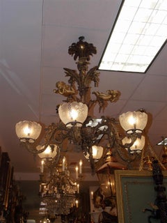 Amerikanischer sechsarmiger Gasolier aus vergoldeter Bronze. Cornelius & Baker:: Phila:: ca. 1840