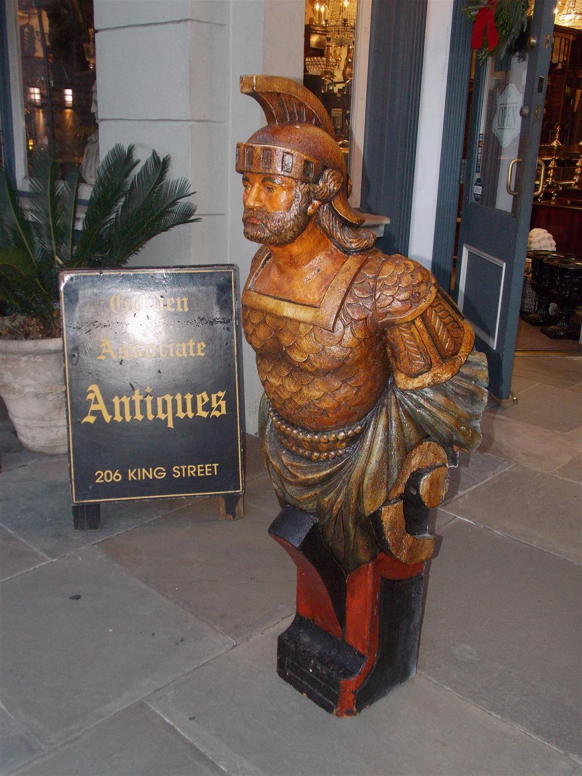 Hand-Carved American Gilt Carved Wood and Poly Chromed Roman Guard Figurehead, Circa 1890 For Sale
