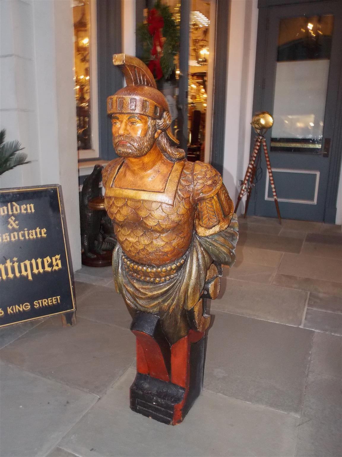 American Gilt Carved Wood and Poly Chromed Roman Guard Figurehead, Circa 1890 For Sale 1