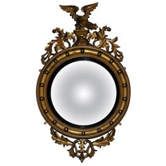 American Gilt Carved Wood Convex Eagle & Acanthus Wall Mirror, Circa 1820