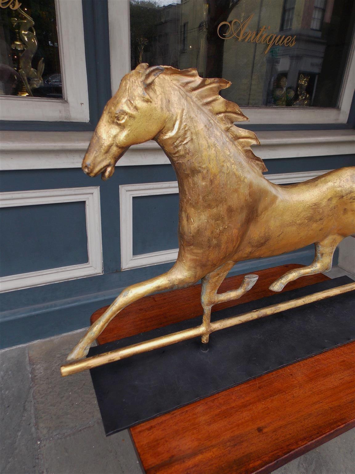 Folk Art American Gilt Copper Full Bodied Running Horse Weathervane, J. W. Fiske. C. 1870