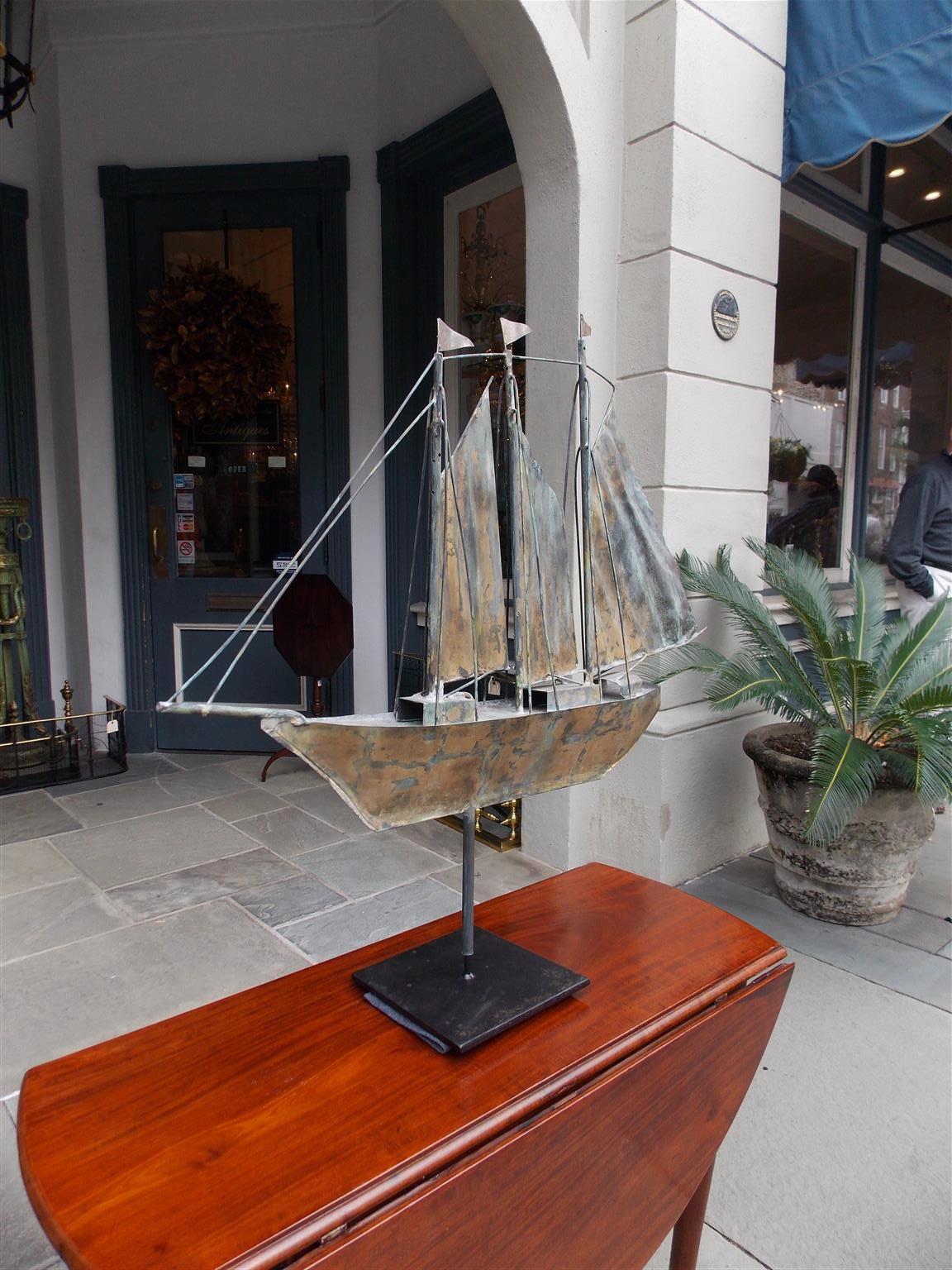 Folk Art American Gilt Copper Three Masted Ship Weathervane Mounted on Stand, circa 1890 For Sale