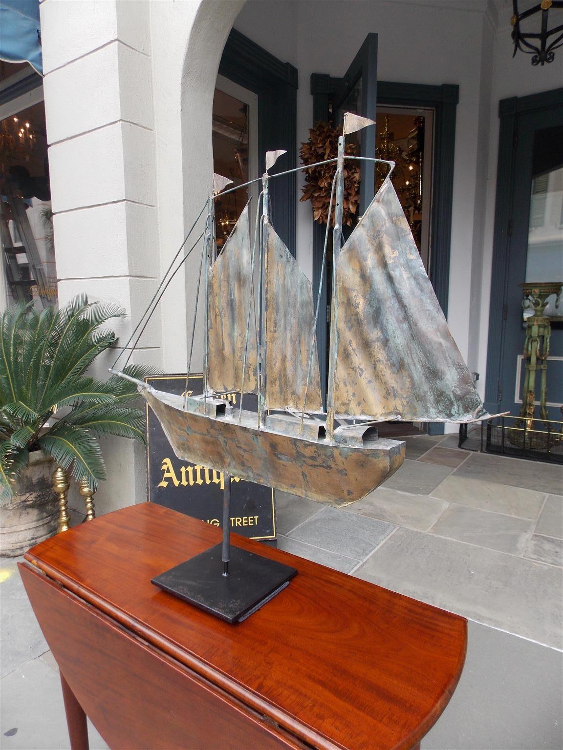 American Gilt Copper Three Masted Ship Weathervane Mounted on Stand, circa 1890 In Excellent Condition For Sale In Hollywood, SC