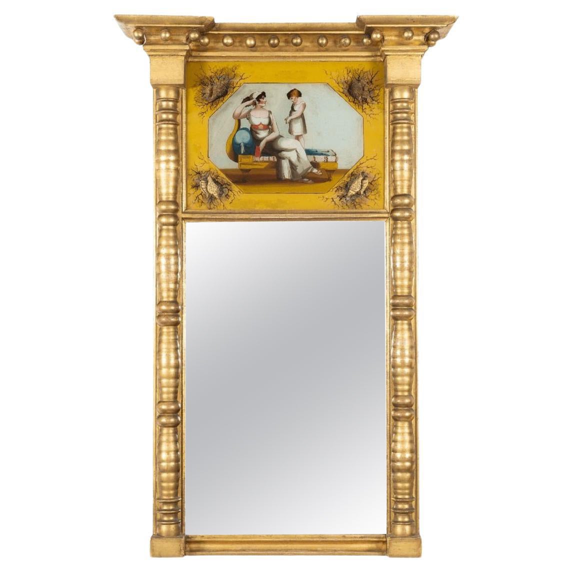 American Gilt Tabernacle Pier Mirror With Eglomise, c. 1820