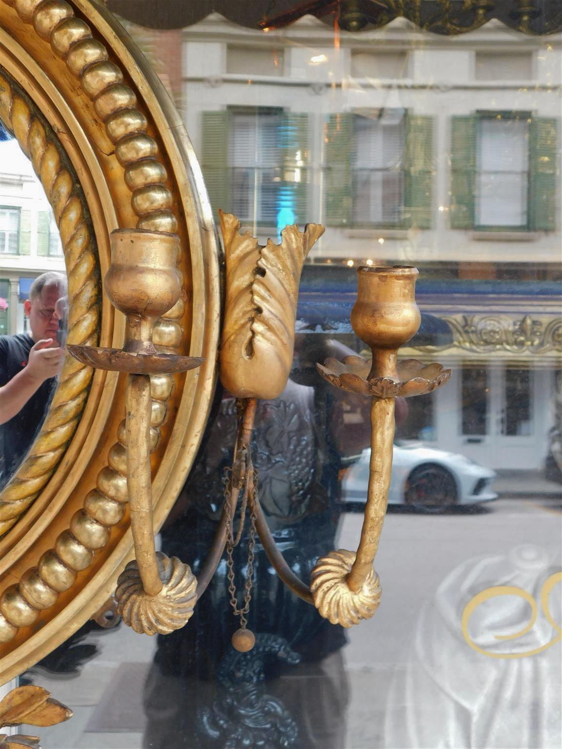 American Federal Girandole Ebonized Eagle Gilt Wood Foliage Convex Mirror C 1800 4