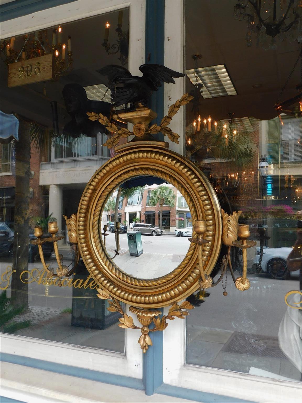 Hand-Carved American Federal Girandole Ebonized Eagle Gilt Wood Foliage Convex Mirror C 1800 For Sale