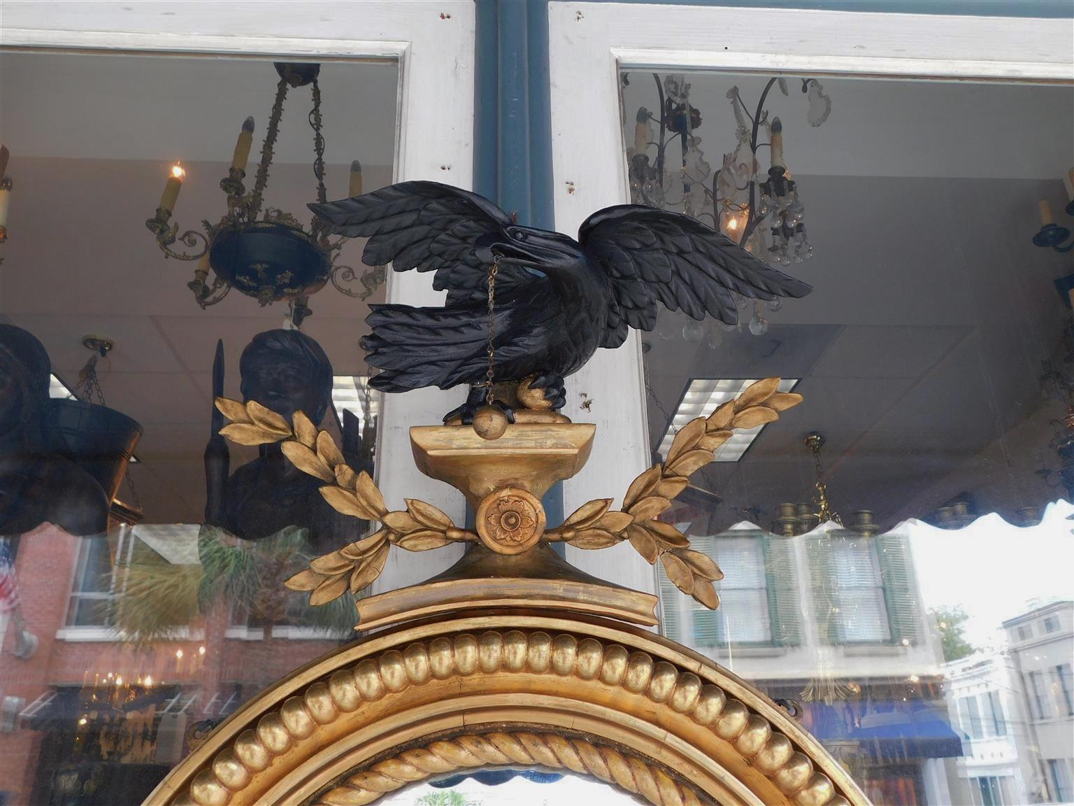 Early 19th Century American Federal Girandole Ebonized Eagle Gilt Wood Foliage Convex Mirror C 1800 For Sale