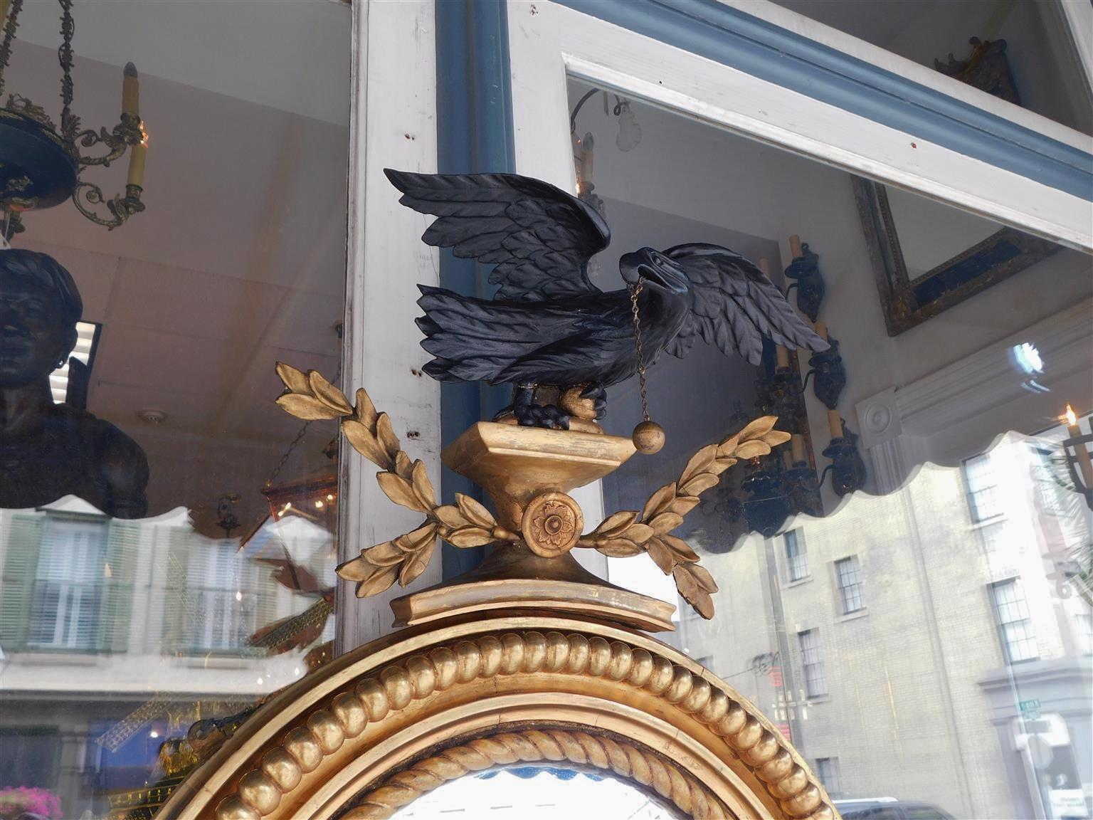 Early 19th Century American Federal Girandole Ebonized Eagle Gilt Wood Foliage Convex Mirror C 1800 For Sale