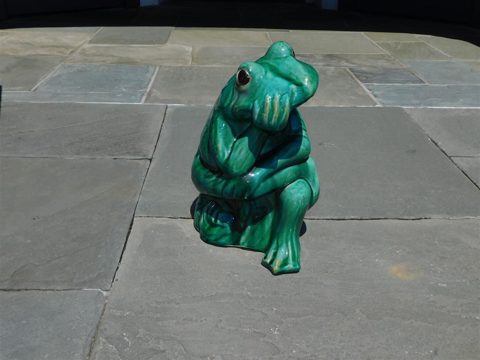 American Craftsman American Glazed Large Porcelain Frog Fountain Sitting & Pondering Life 20th Cent