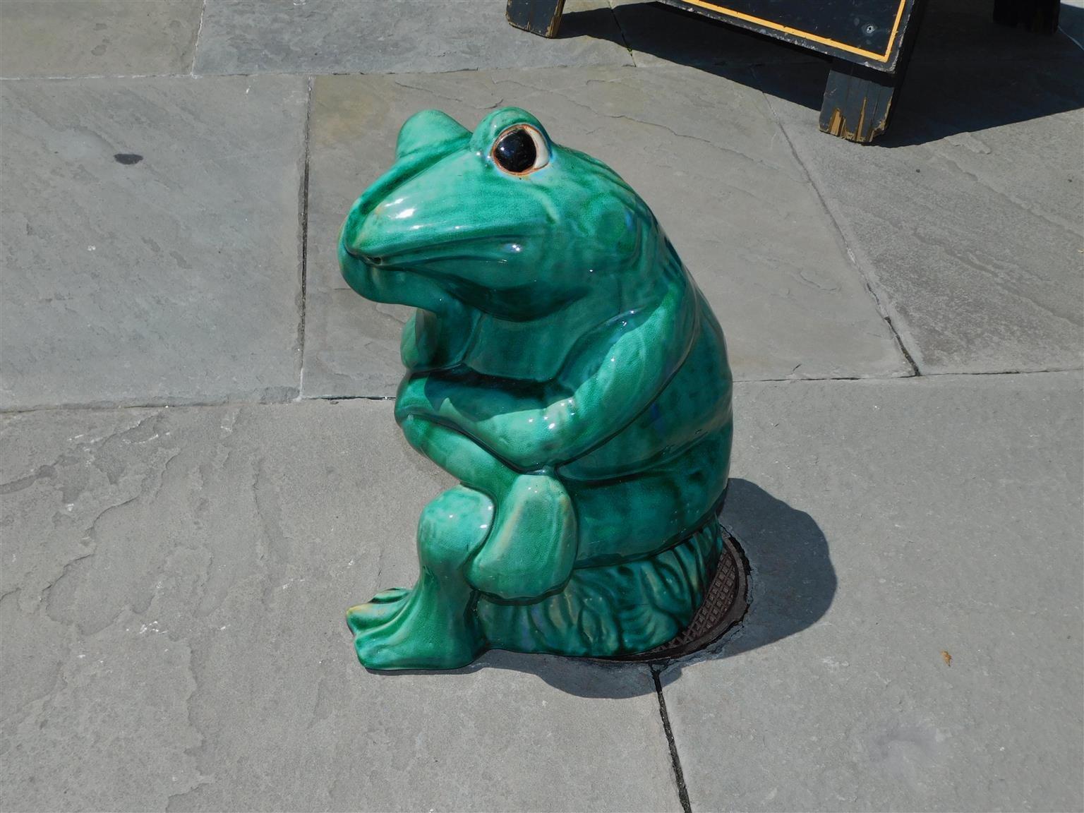 Hand-Crafted American Glazed Large Porcelain Frog Fountain Sitting & Pondering Life 20th Cent