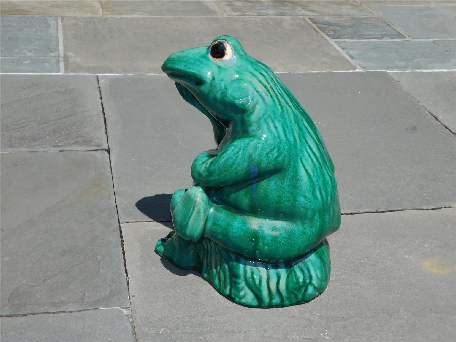 American Glazed Large Porcelain Frog Fountain Sitting & Pondering Life 20th Cent 1