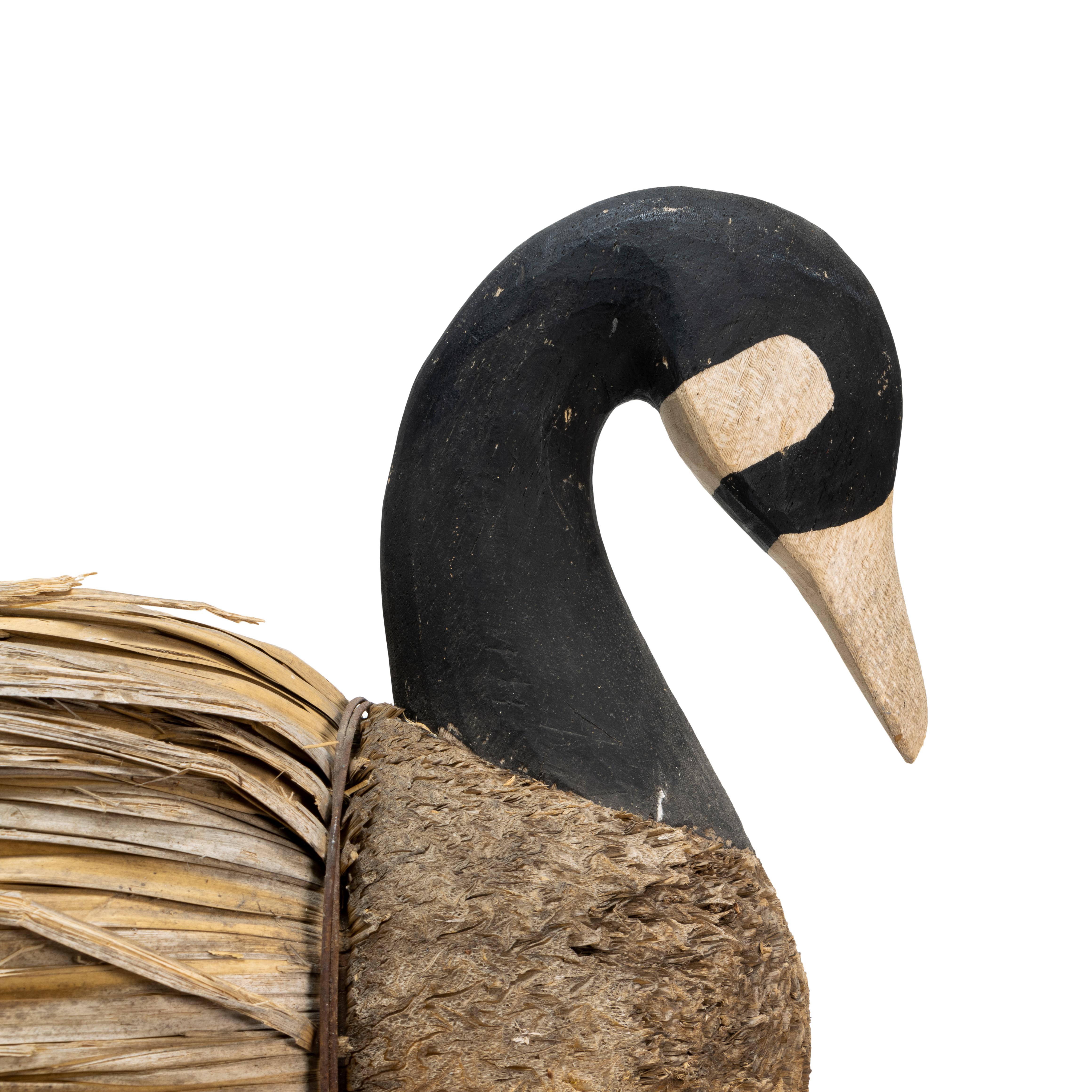 Early 20th Century American straw and wood Canada goose decoy. Black paint.  25