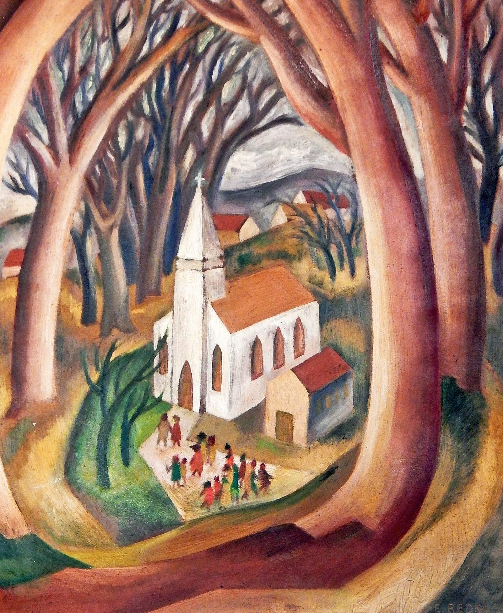 Although it shares a name with Grant Wood's iconic painting, the subject of Eugenia Redka's painting here is much different, a charming white painted Gothic church in the middle of the Vermont woods. The surrounding trees make a protective embrace