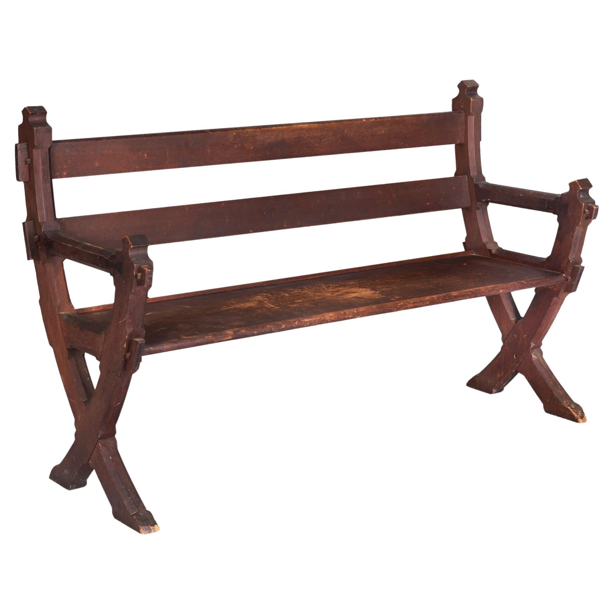 American Gothic Revival Antique Walnut Hall Bench Settee circa 1890s For Sale