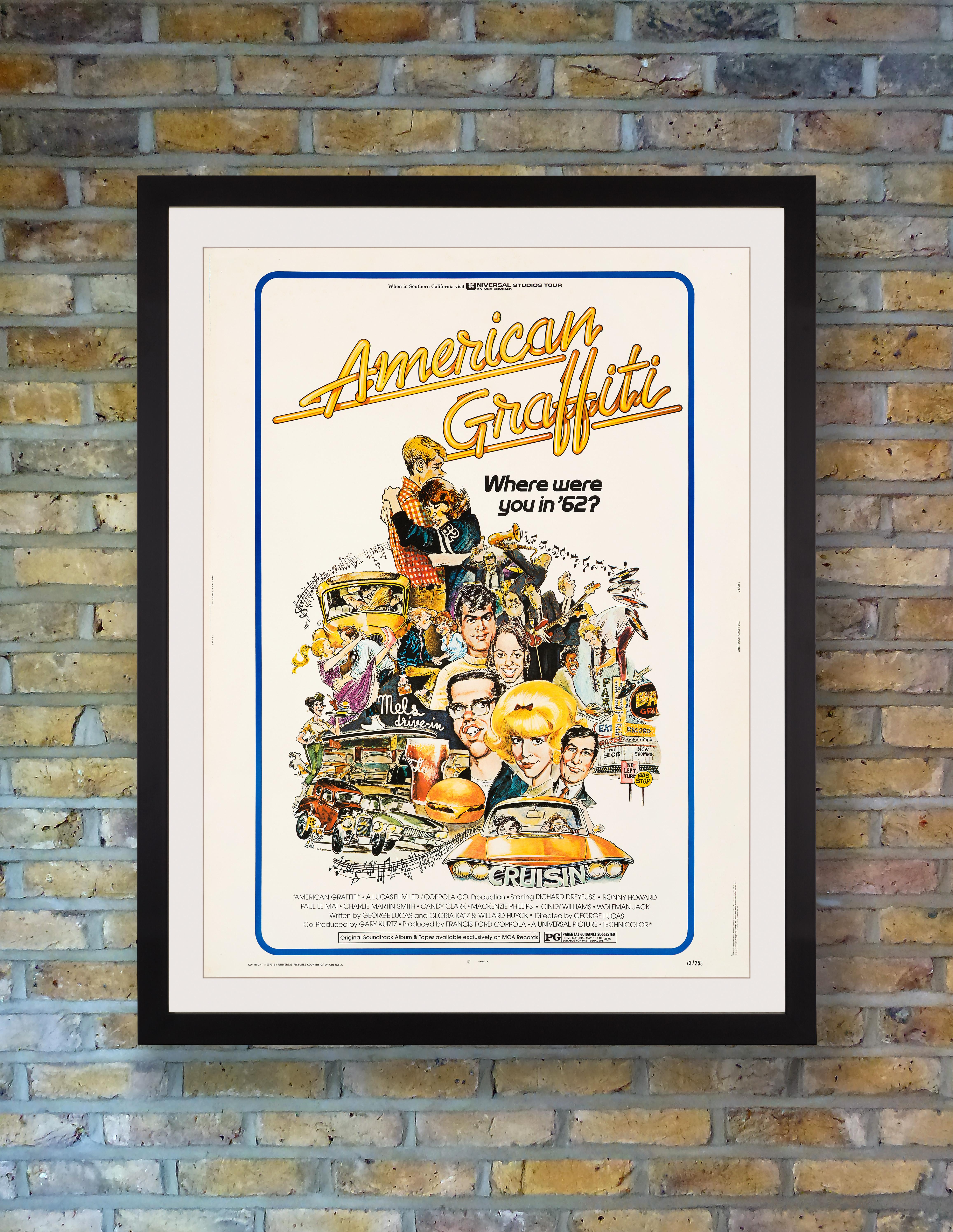 A scarce US 30x40 poster for George Lucas' 1973 coming-of-age comedy 'American Graffiti,' based on his own teenage years in early 1960s Modesto, California. A tribute to the emergence of rock'n'roll and Californian cruising culture, the film follows