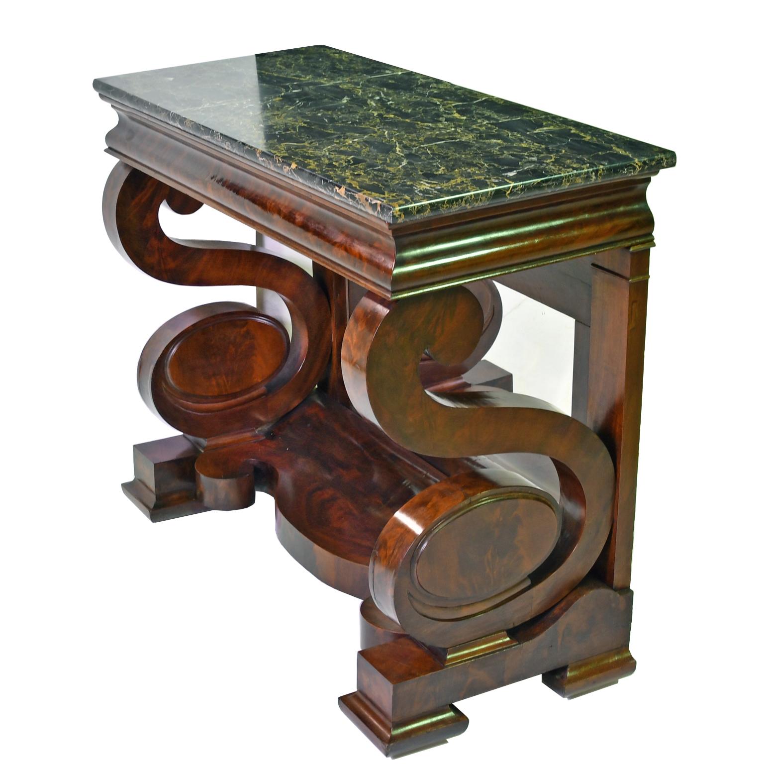 American Grecian-Style Mahogany Pier Table w/ Nero Portoro Marble, Meeks & Sons For Sale 4