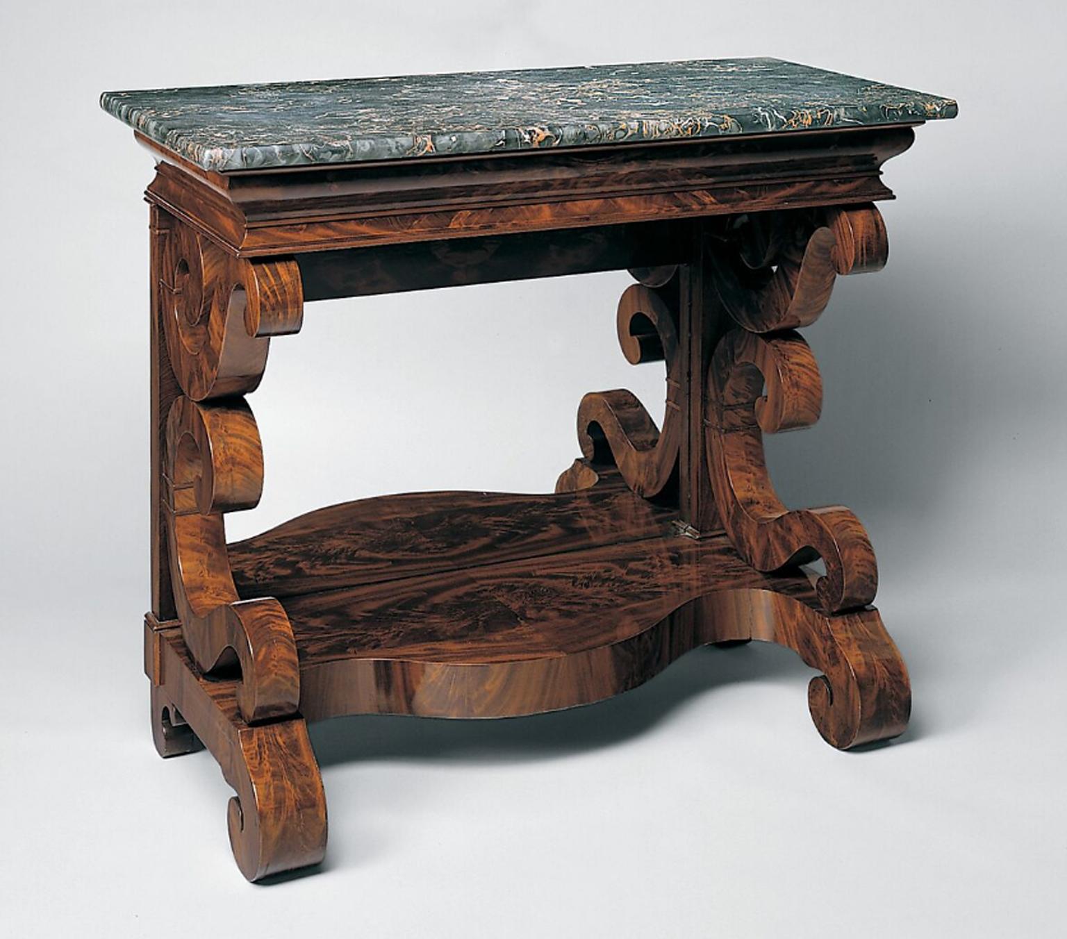 American Grecian-Style Mahogany Pier Table w/ Nero Portoro Marble, Meeks & Sons 7