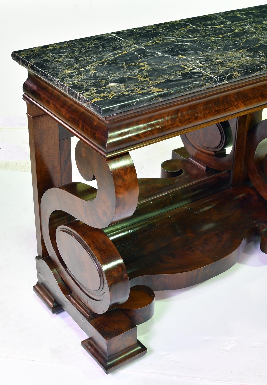 American Classical American Grecian-Style Mahogany Pier Table w/ Nero Portoro Marble, Meeks & Sons For Sale