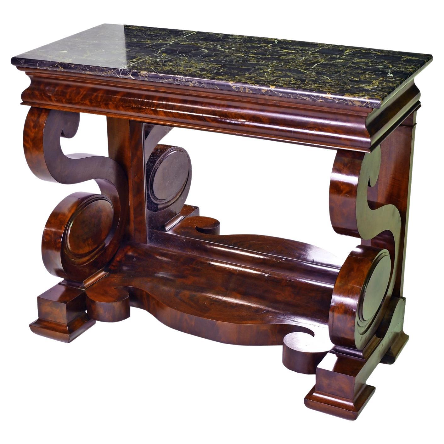 American Grecian-Style Mahogany Pier Table w/ Nero Portoro Marble, Meeks & Sons