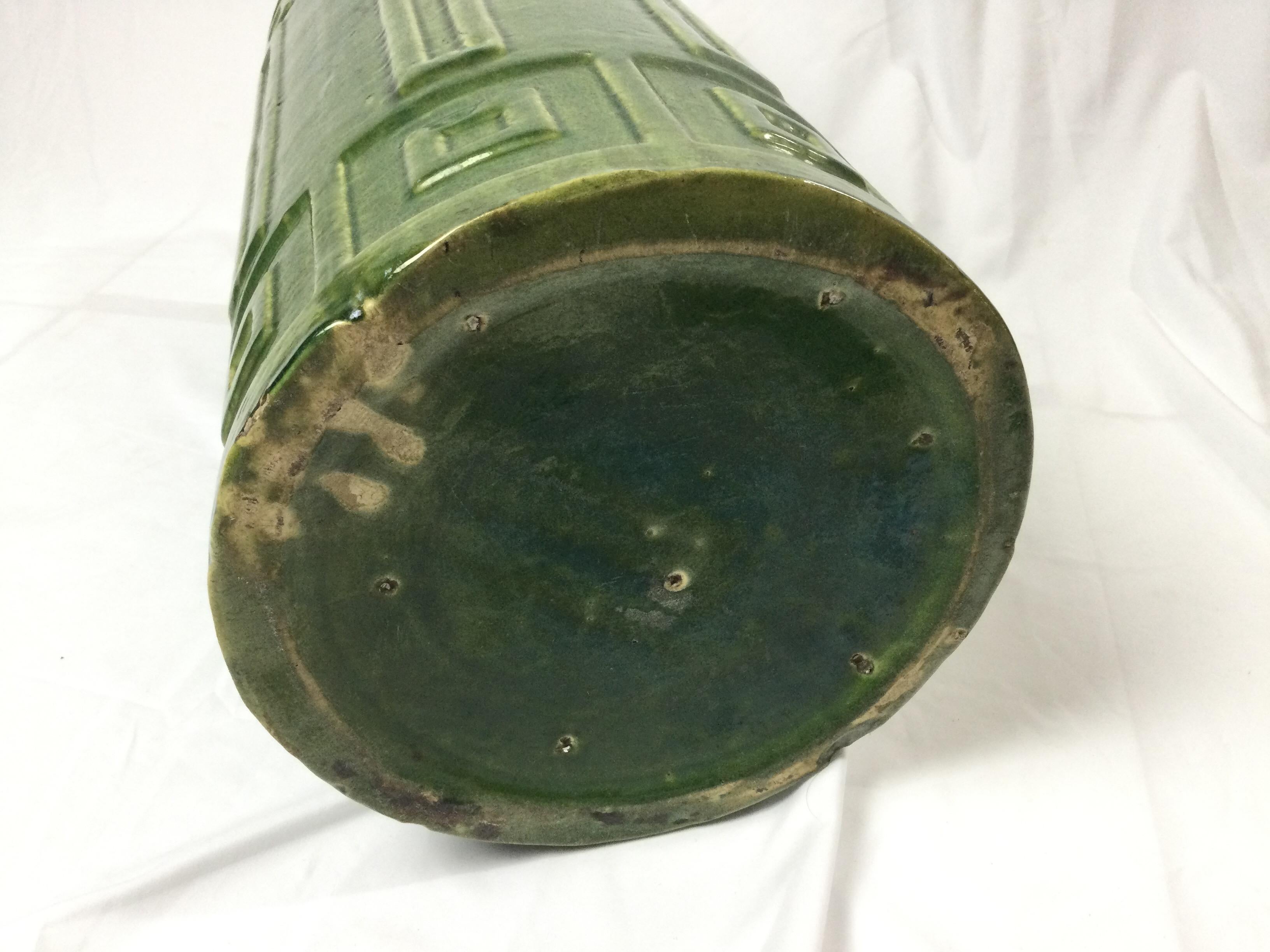 American Green Art Pottery Umbrella Stand with Greek Key Design In Good Condition In Lambertville, NJ
