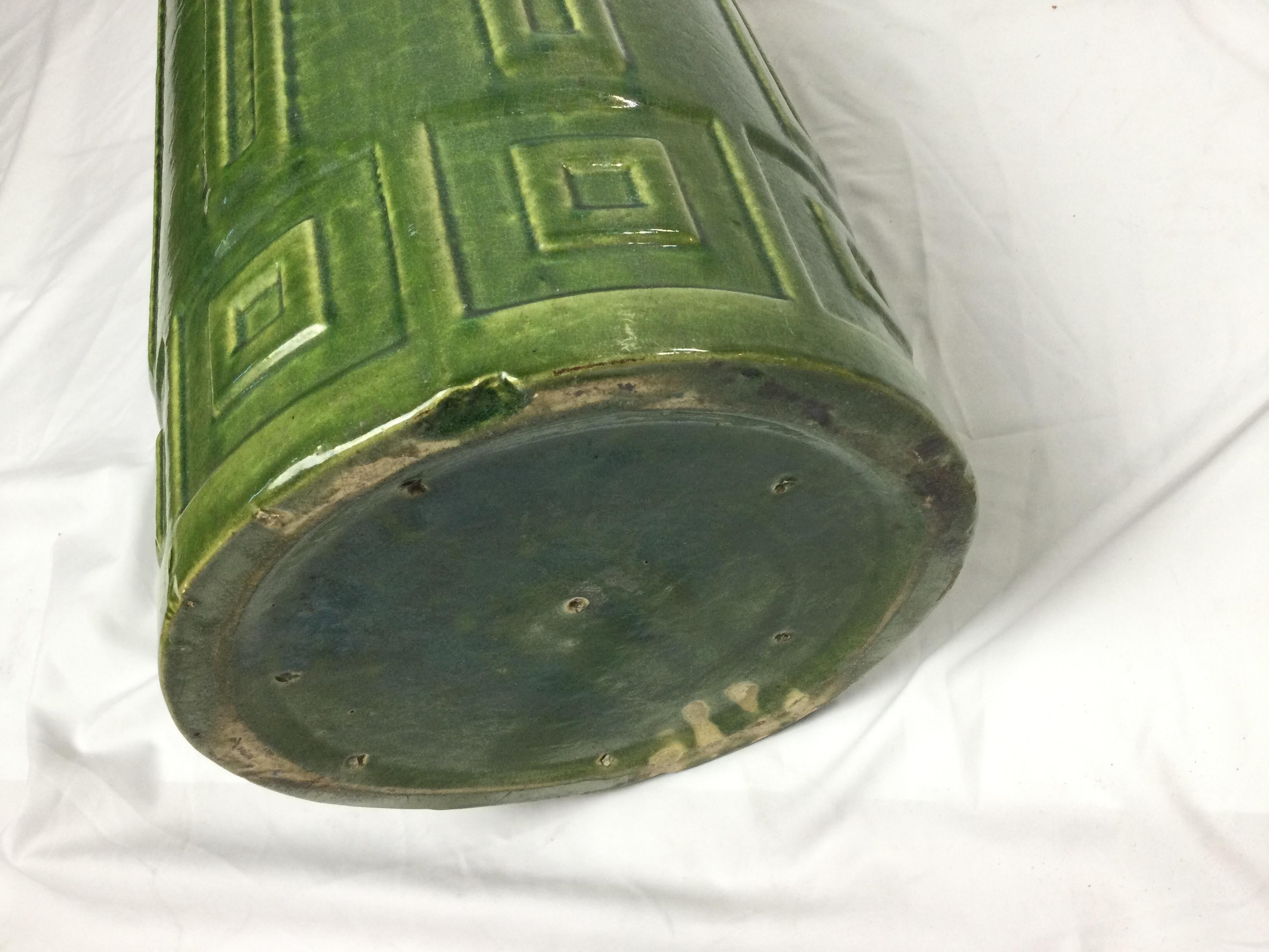 American Green Art Pottery Umbrella Stand with Greek Key Design 1