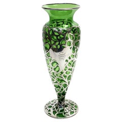 Antique American Green Glass Silver Overlay Footed Vase, circa 1900