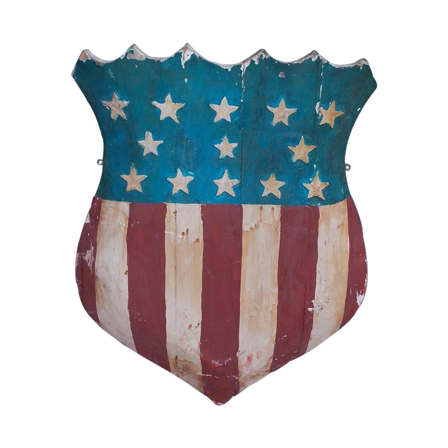 American Hand Carved and Painted Patriotic Shield with Raised Stars. C. 1870